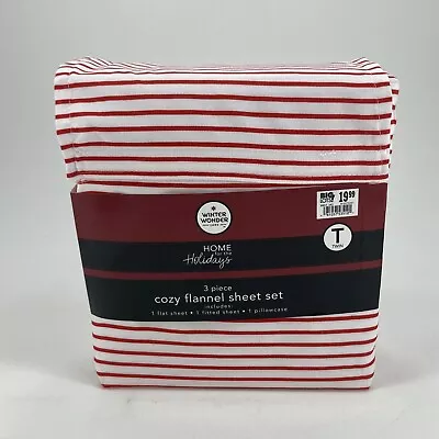 Winter Wonder Lane Red And Cozy Flannel Sheet Set Twin Red & White Stripe New • $25.95