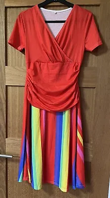 Women’s Red Multicoloured Rainbow Colourful Summer Dress Size M • £11.49