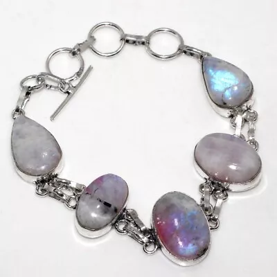 925 Silver Plated-Rainbow Moonstone Ethnic Gemstone Bracelet Jewelry 8.5  JW • $2.99
