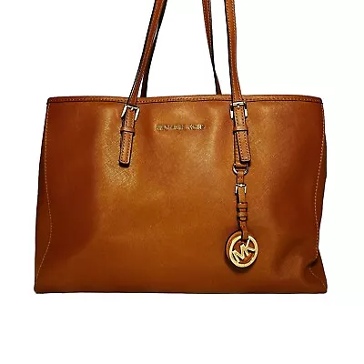 Michael Kors Jet Set Saffiano Leather Tan Brown Gold Tote Large Shoulder Bag • $23.95