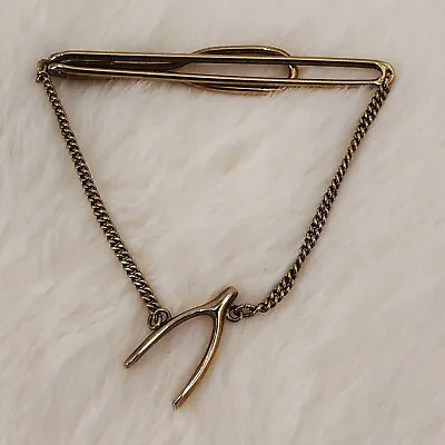 Vtg Swank Lucky Wishbone Tie Chain Clip Bar Clasp In Gold Tone • $9.99