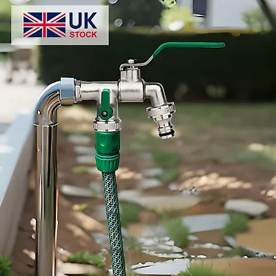 Double Garden Tap With 1/2 Inch Inlet Double Water Faucet And 2 X 3/4 Outlets • £11.99