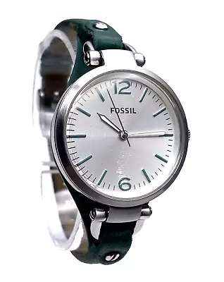 Fossil Georgia Es3316 Silver Tone Steel 5atm Green Leather Band Ladies Watch • $19.99