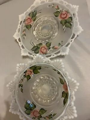 Vintage Mosser Opalescent Glass  CAKE STAND And BOWL  Hand Painted Rare • $125