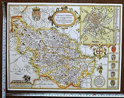 £12 • Buy Old Antique Tudor Poster Map West South Yorkshire Speed 1600s 15.5  X 12 Reprint