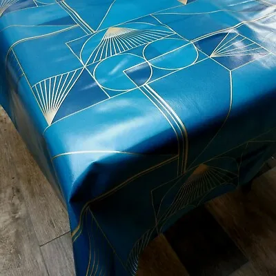 Art Nouveau Geometric Teal  And Metallic Gold PVC Vinyl  Oilcloth Tablecloth • £8.49