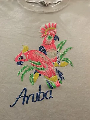 Vintage Neon Aruba Parrot T Shirt Women’s White Small Caribbean Island 70s 80s • $13.99