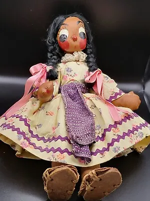Vintage 12  Folk Art Oil Cloth Female Doll W/ Papoose Latin America Native Dress • $21