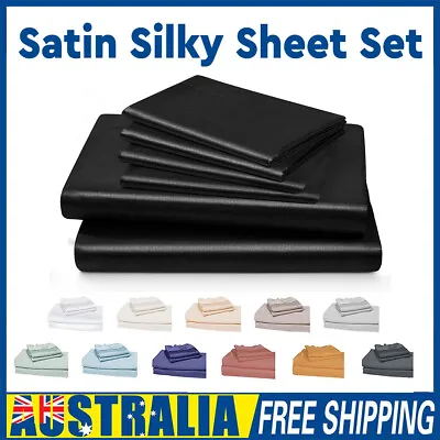 $26.99 • Buy 2000TC Silk Satin Bed Fitted Flat Pillowcases Sheet Set Double Queen King Single