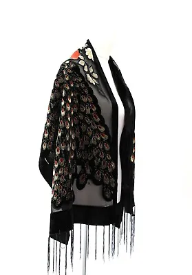 Elegant Black Gray Color Peacock Silk Burnout Velvet  Fringed Scarf Shawl Wrap • $17.99