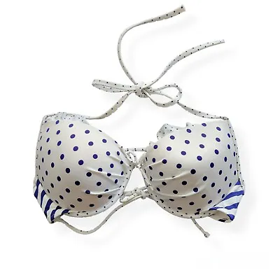 Victoria's Secret The Fabulous Ruffle Blue White Polka Dot Halter Bikini Top 34C • $13.99