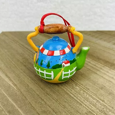 Rare Mary Engelbreit Miniature Tea Kettle Ornament  Rural Scene Rainbow Fence • $9.95