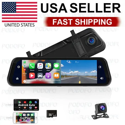 9.66  Mirror Dash Cam Wireless Apple CarPlay Android Auto Front And Rear View • $99.99