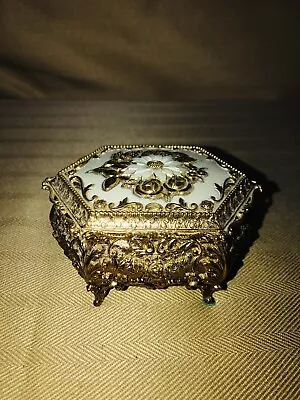 Vintage Hexagonal Jewelry Trinket Box Antique Gold Tones Red Velvet Lining   • £33.74