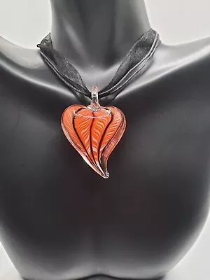 Puffed Heart Glass Pendant Sheer Ribbon Necklace • $5