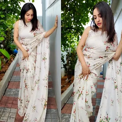 $40.69 • Buy Indian Women Floral Printed White Ethnic Georgette Saree Party Wear Sari Blouse
