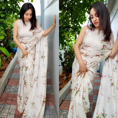 $40.69 • Buy Indian Women Floral Printed White Ethnic Georgette Saree Party Wear Sari Blouse