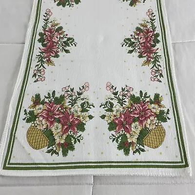 Vtg Cotton Christmas Tablecloth Table Runner Poinsettia Basket Holly 40x14 • $19.97