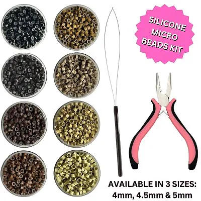 4mm 4.5mm 5mm Silicone Lined Micro Rings Loop Tool & Pliers Hair Extension Kit • £8.99