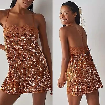 INTIMATELY FREE PEOPLE That Girl Sequin Slip Dress Pumpkin Pie Lace Brown XS NWT • $60