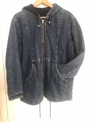 Vintage Hooded Denim Jacket Flannel Lined Reversible S Women’s 90s Oversized • £16.99