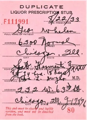 Old  8/22/33 Prohibition Prescription Whisky Capone Bar Doctor's Stub Chicago IL • $19.33