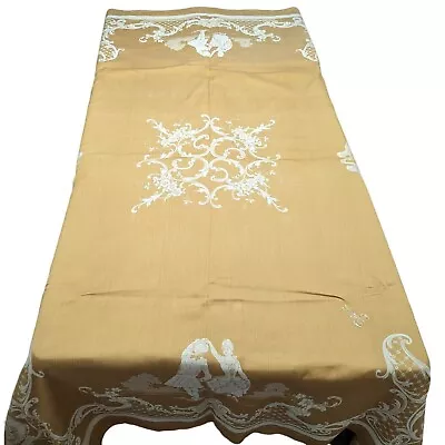 Vintage Tablecloth Brown White Figural Dancing Couple Monogram M Rectangular • $79.95