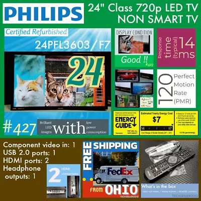 Philips 24  Class 720p LED TV (24PFL3603/F7) With Remote & Stand / NON SMART TV • $61.23