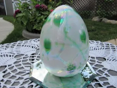 $355 • Buy Fenton  Glass/ Dave Fetty White Opalescent Egg With Green Hanging Hearts