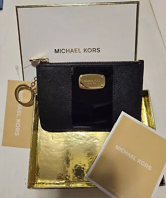 Michael Kors Met Center Stripe Leather Top Zip ID Coin Pouch Black Gold NWT Box • $32.99