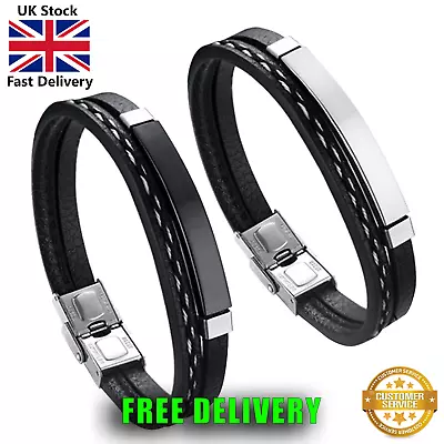 Leather Bracelet Braided Genuine Men's Clasp Charm Therapy Wrap Silver & Black • £4.99