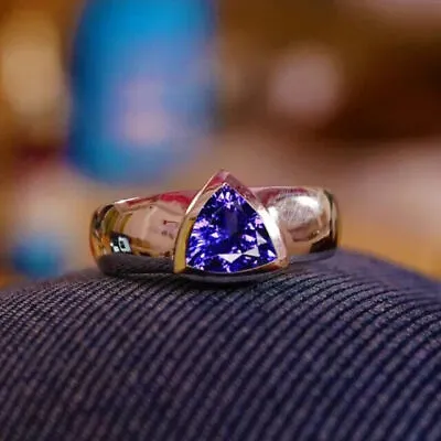 2CT Trillion Cut Lab Created Blue Tanzanite Wedding Ring 14K Gold Plated Silver • £131.78