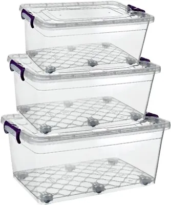 Clear Large Plastic Storage Box With Lids On Wheels - Set Of 3 (40L + 60L + 80L) • £39.99