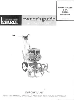 Owners Guide & Parts Manual Montgomery Ward Rotary Front Tine Tiller 39007A 5HP • $15.19