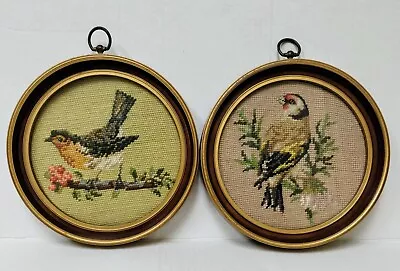 Pair Of Framed Vintage Needlepoint Birds Round Estate Pieces 9 Inches • $22