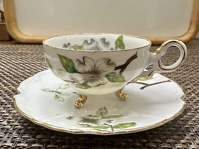 Vintage UCAGCO China Dogwood Blossom Teacup & Saucer Footed Gilded Made In Japan • $20