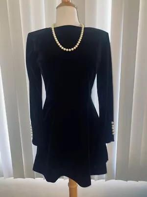 Vintage 1980's Elegant Black Long Sleeve Velvet Pearls Cocktail Mini Dress Sz S • $45