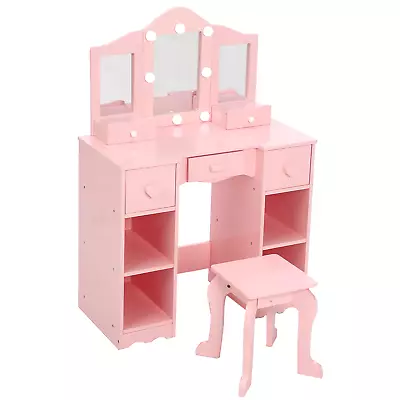 Kids Vanity Table Set Makeup Dressing Desk W/ 3 Mirror & Stool Girls Gifts Pink • $121.60