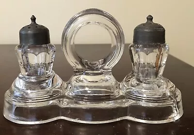 Vintage Glass Salt And Pepper Shaker Set W/ Holder Carrier (Damaged) • $14