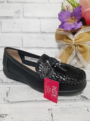 Ladies Action Leather Tassel Extra Wide Fit Casual Loafers Comfort Shoe Size 4-9 • £25