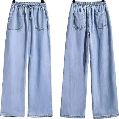 Women Elastic Waist Denim Jean Tencel Pants Pull On Wide Leg Jeans Baggy Palazzo • $18.99