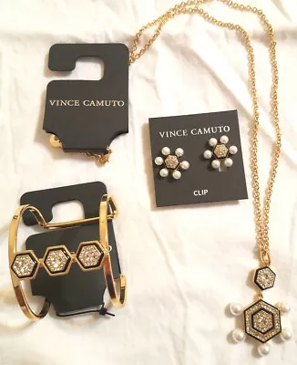 Vince Camuto Gold-Tone Crystals Rhinestone Cuff Bracelet Pearls Necklace Clip AZ • $52