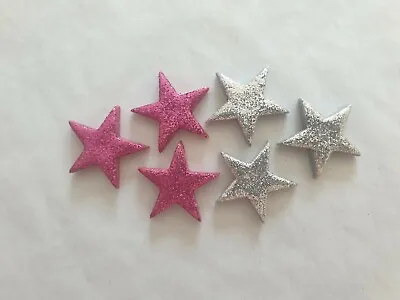 12 Glittery Fuchsia Pink & Silver Stars - Edible Sugar Cake Decoration / Toppers • £4.50