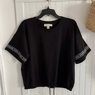 Michael Kors Women’s Black Short Sleeve Logo Drawstring Shirt Top Large NEW $88 • $44