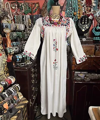 Beautiful Oaxaca Mexican Long Sleeve Dress White & Multi Colored Embroidery M/L • $145