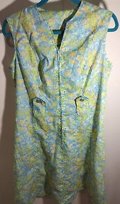 Vintage Blue Green Floral Moo Moo  House/day Dress Size Large/ 14 Retro Handmade • $32