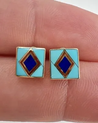 Vtg Navajo 14k Yellow Gold Natural Coral Lapis & Turquoise Square Stud Earrings • $207