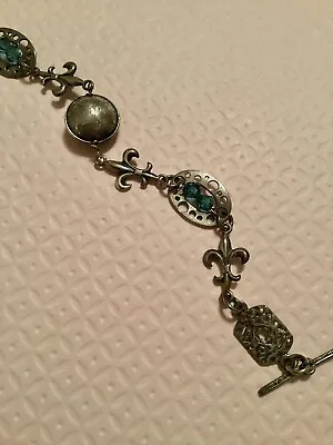 Vintage Sterling Silver 925 Fleur De Lis Toggle Bracelet With Aqua Crystal 7.5” • $35