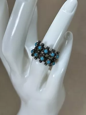 Vintage Native American Style Sterling Silver Turquoise 2 Row Ring Size 5 • $55