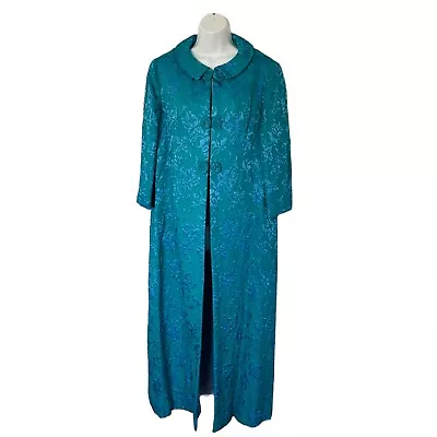 Vintage Turquoise Blue Tapestry Green Swing Coat Collar 60s 70s Size L XL Woven • $99